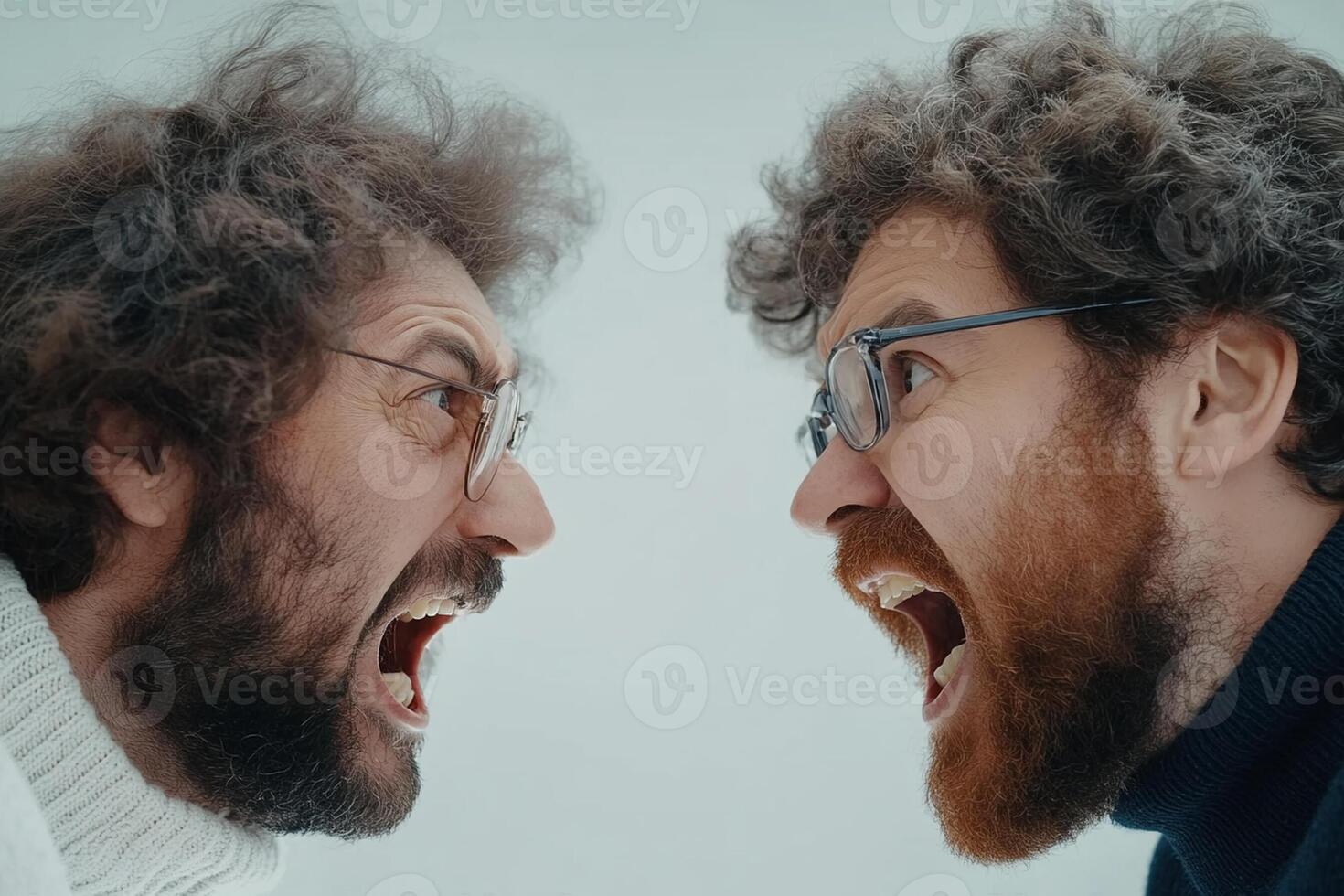 Two men with glasses and beards are yelling at each other photo