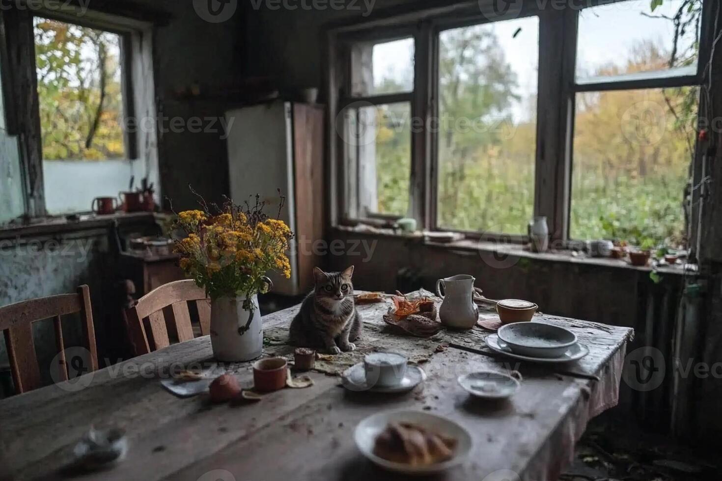 A cat sits on a table in an abandoned house photo