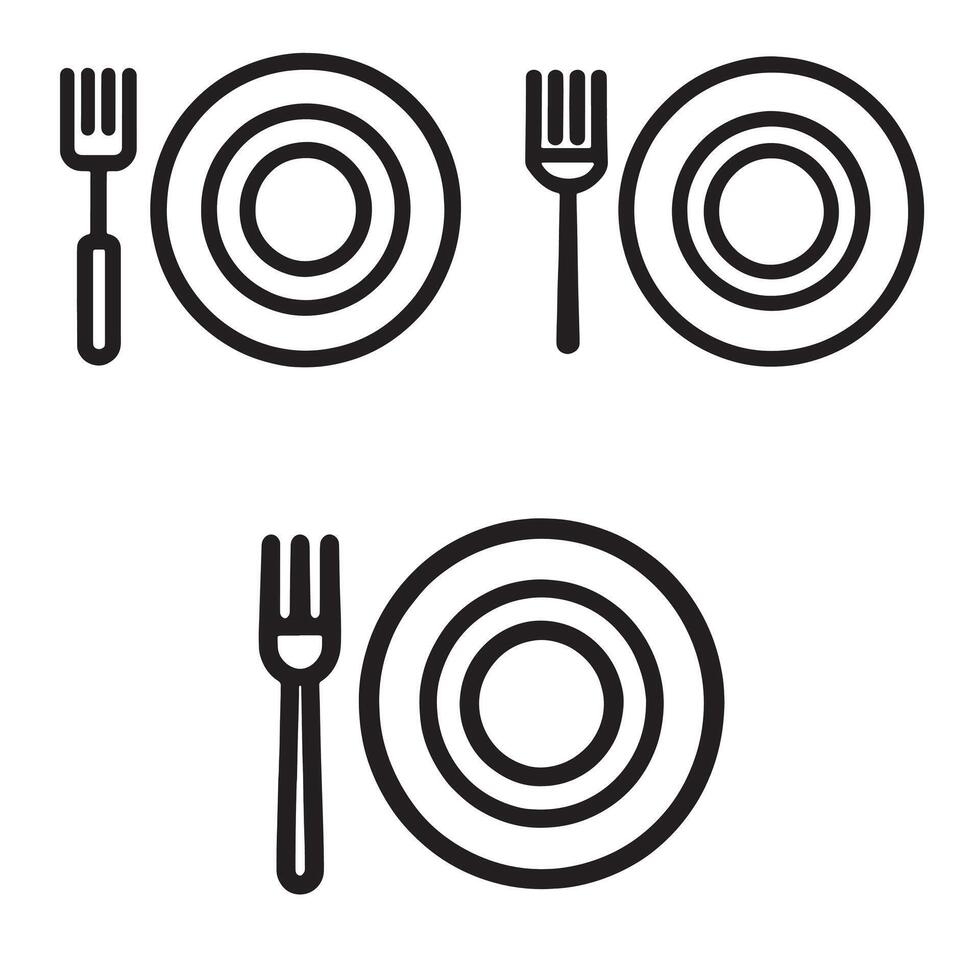 Minimal fork and plate icons in black outline for food dining kitchen and restaurant branding vector