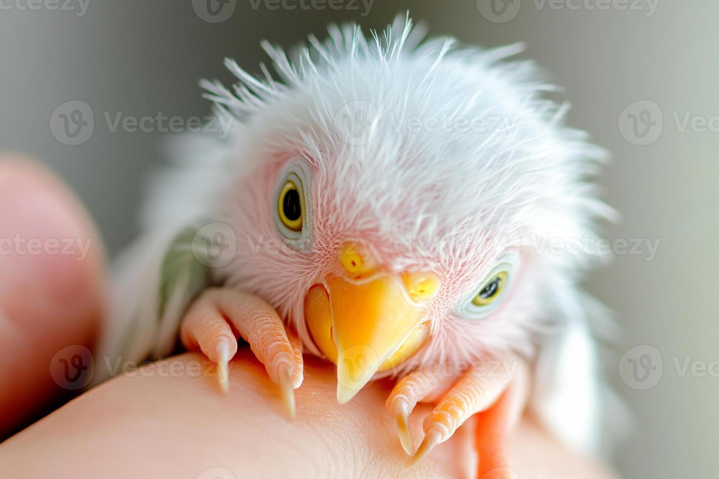 A small bird with yellow eyes is sitting on a person's hand photo