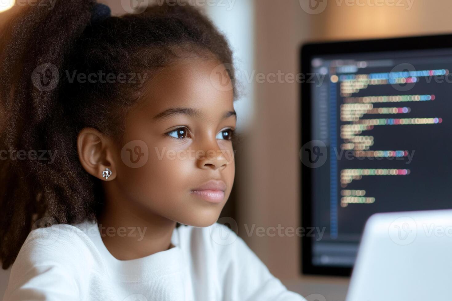 A young girl is looking at a computer screen photo