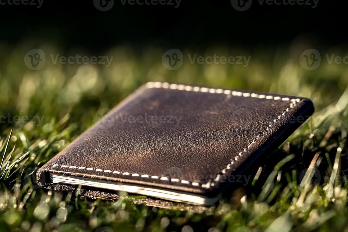 A leather wallet laying on the grass photo
