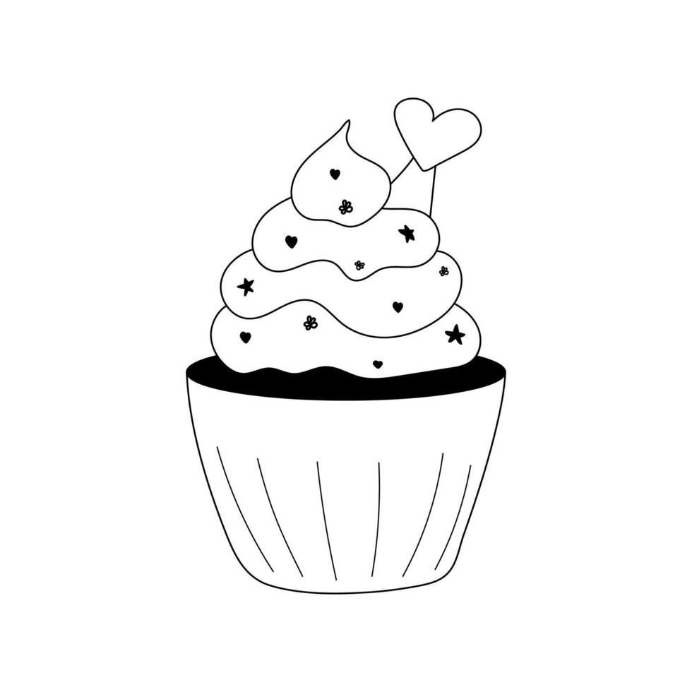 Hand drawn doodle cute cupcake with cream and heart and stars shapes sprinkles. Isolated on white background vector