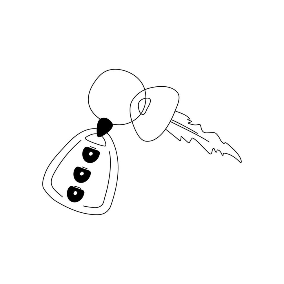 Hand drawn doodle car key with a keychain alarm. Car key remote control. Car Accessories. Isolated on white background vector