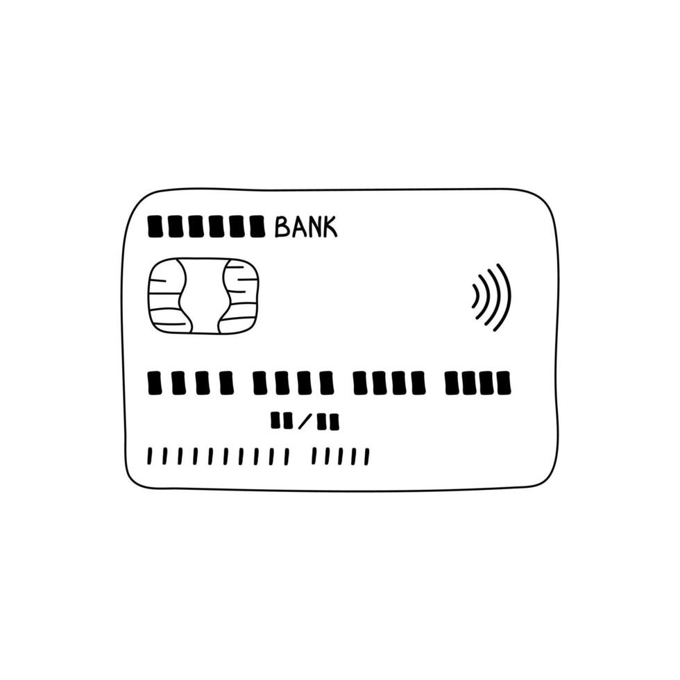 Hand drawn doodle credit or debit card. Business symbol, buying concept. Isolated on white background vector