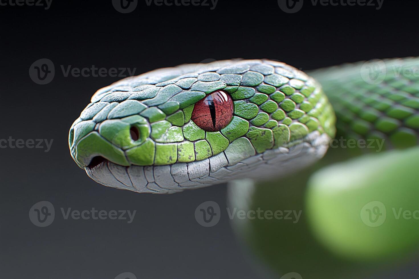 A close up of a green snake with red eyes photo