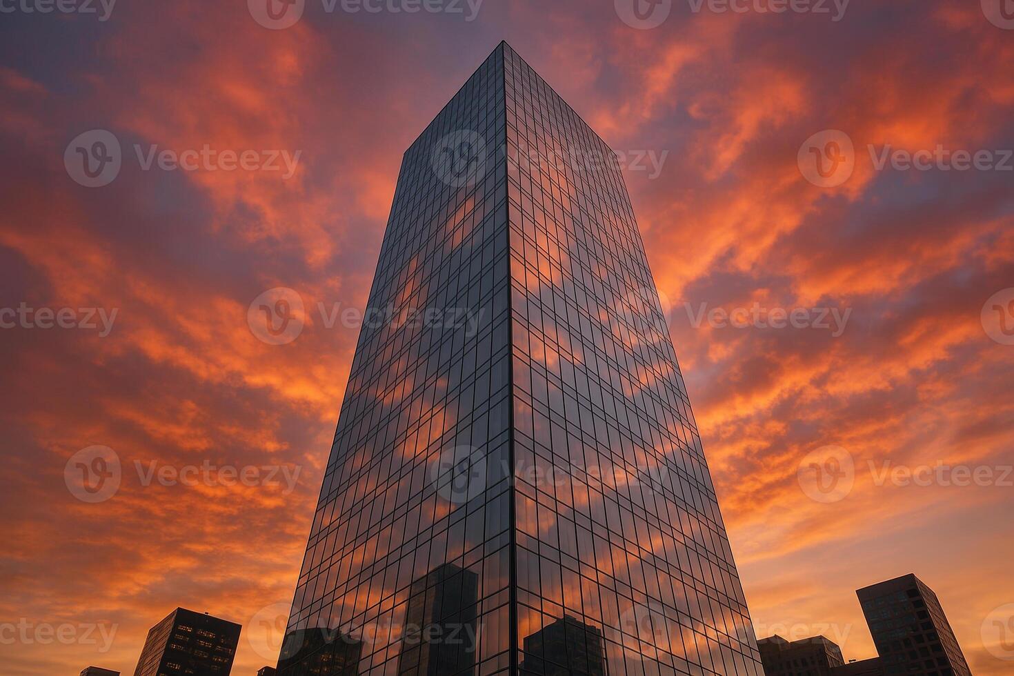 Modern Skyscraper Reflecting Vibrant Sunset Colors On Glass Facade Against Dramatic Skyline photo