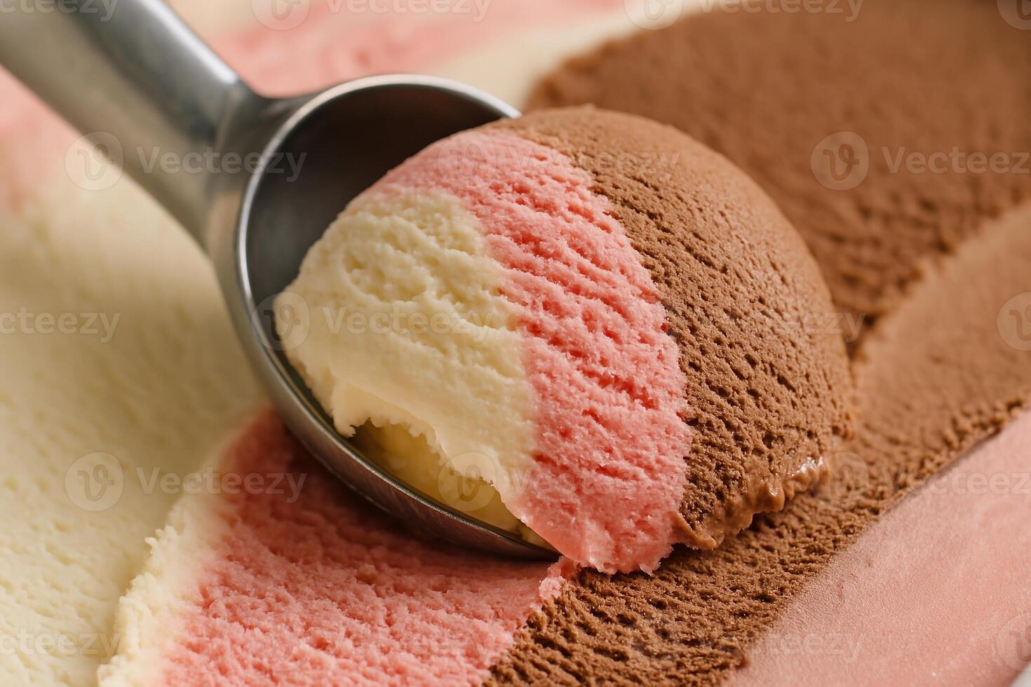 Vanilla Strawberry Chocolate Ice Cream Closeup with Scoop in Container, Creamy Texture, Dessert Photography photo