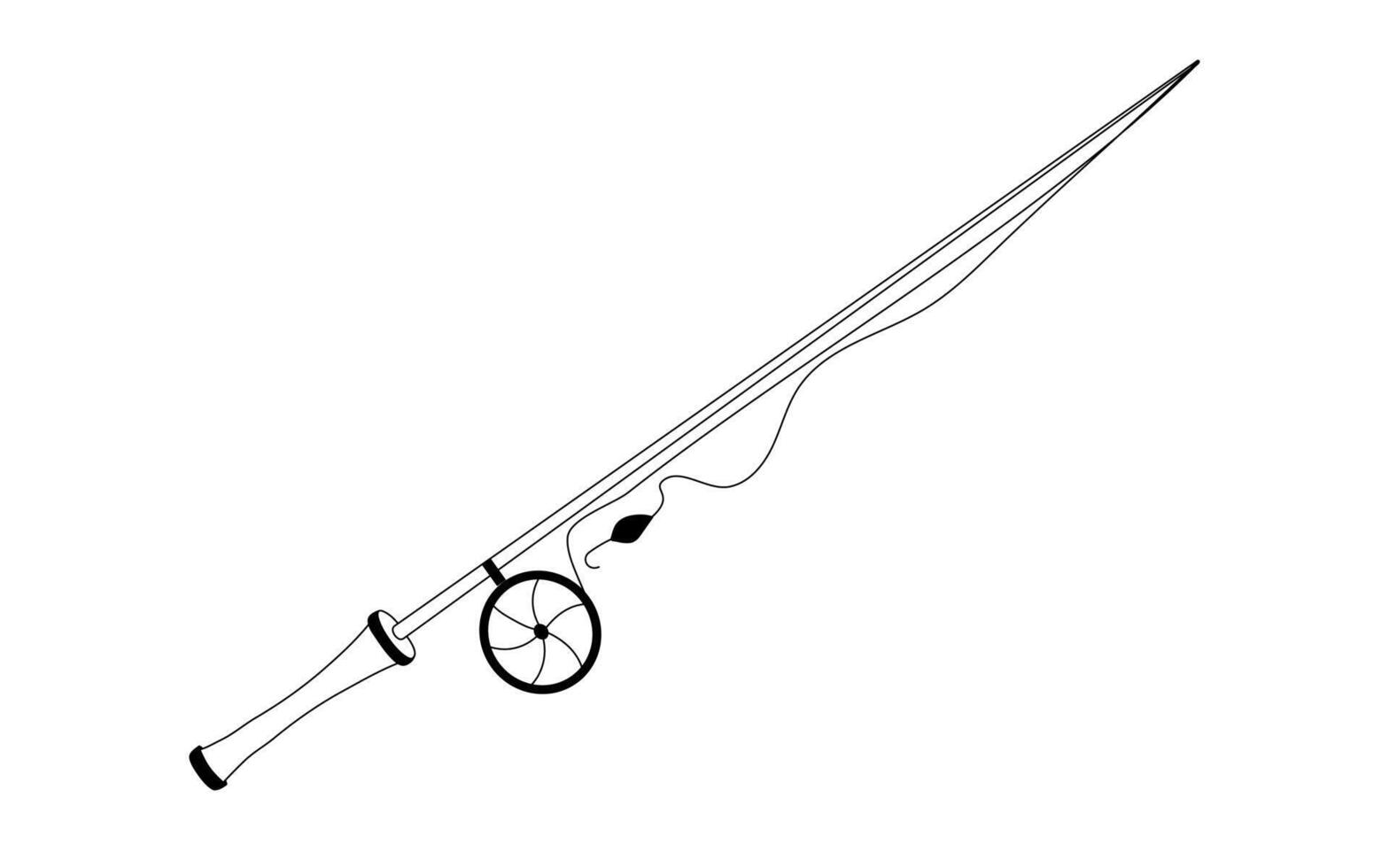 Hand drawn doodle fishing rod with reel, fishing line, hook, bait. Angler equipment, fish catching tool, spinner design element. Isolated on white background vector