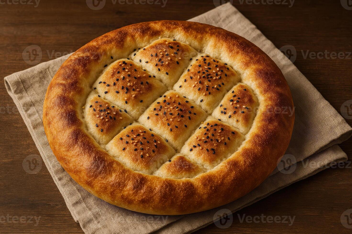Traditional Turkish Ramadan Pita Bread on Brown Linen Napkin with Sesame Seeds, Golden Brown Crust, and Diamond Patterned Surface for Holiday Season, Close-Up View photo