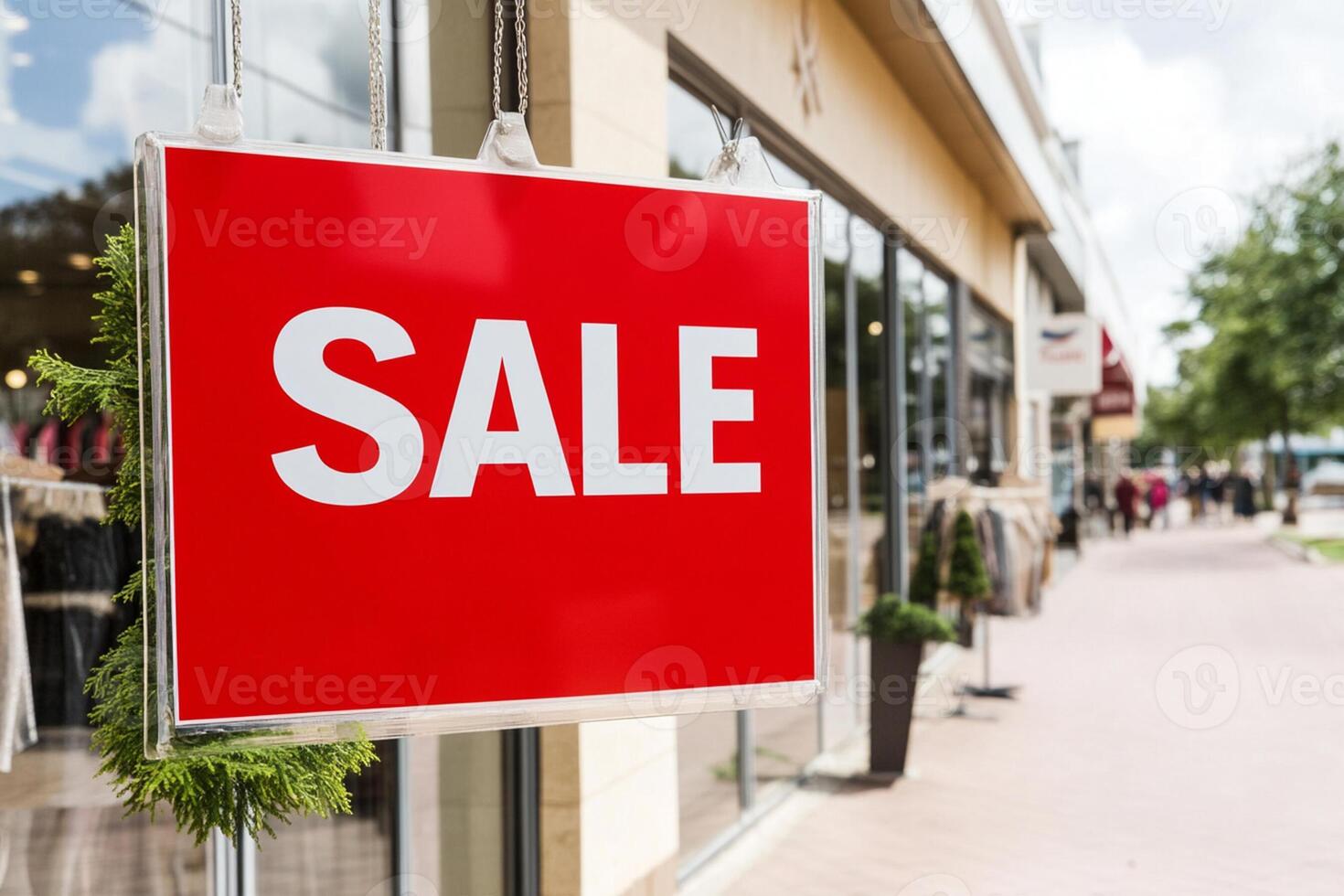 A red sale sign is hanging outside of a store photo