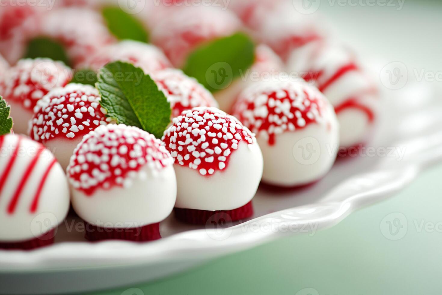 A white plate topped with red and white candy photo