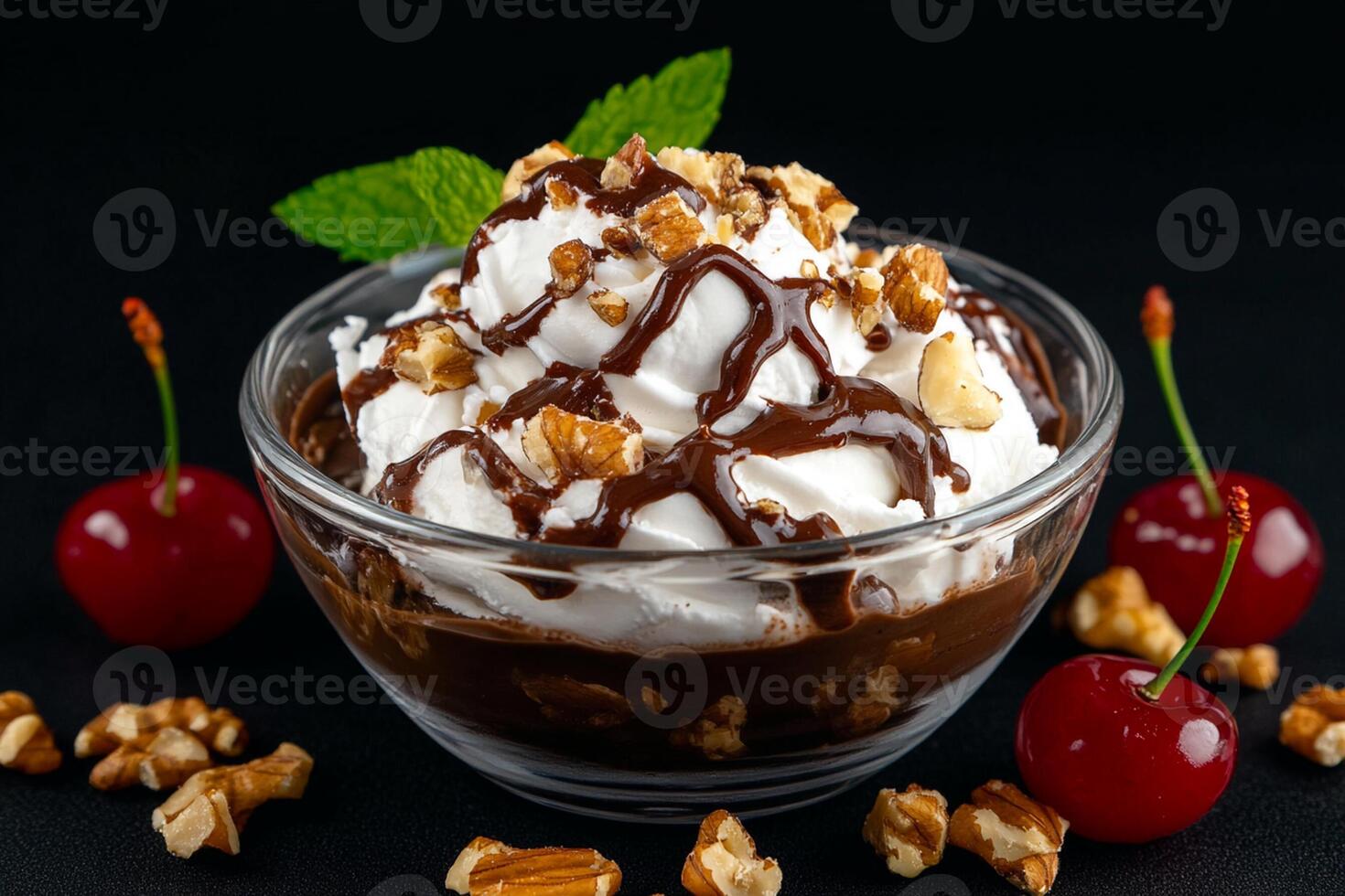 Chocolate mousse with cherries and walnuts photo