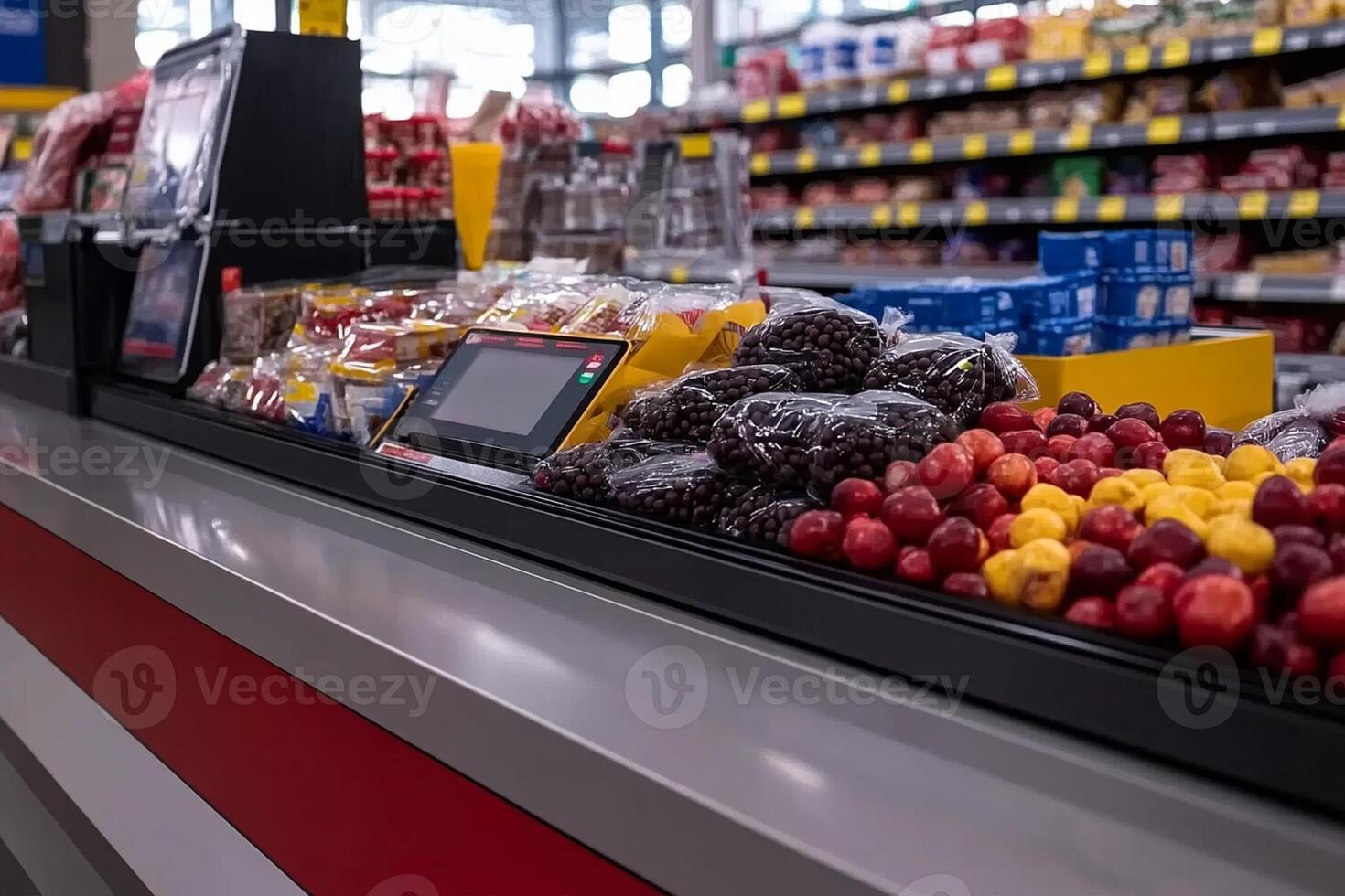 A supermarket with a cashier and a display of fruits photo