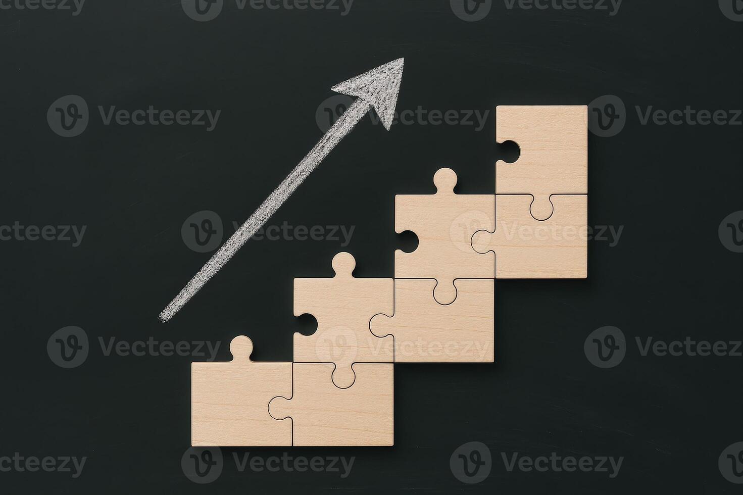 Growth Strategy Concept with Jigsaw Puzzle Steps and Upward Arrow Symbolizing Progress and Planning on Blackboard, Minimalistic Design photo