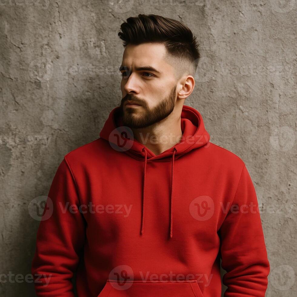Fashionable Man in Red Hoodie with Sleek Haircut and Beard Against Weathered Concrete Wall photo