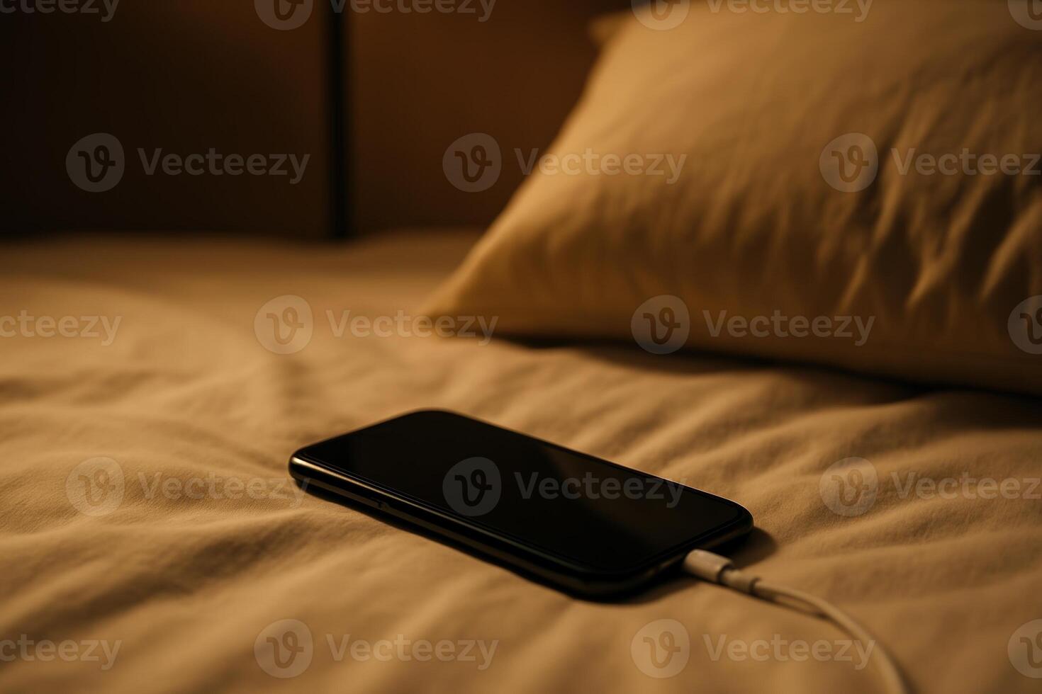 Smartphone Charging on Bed in Cozy Nighttime Atmosphere with Soft Warm Lighting and Calm Relaxing Environment for Rest and Sleep photo