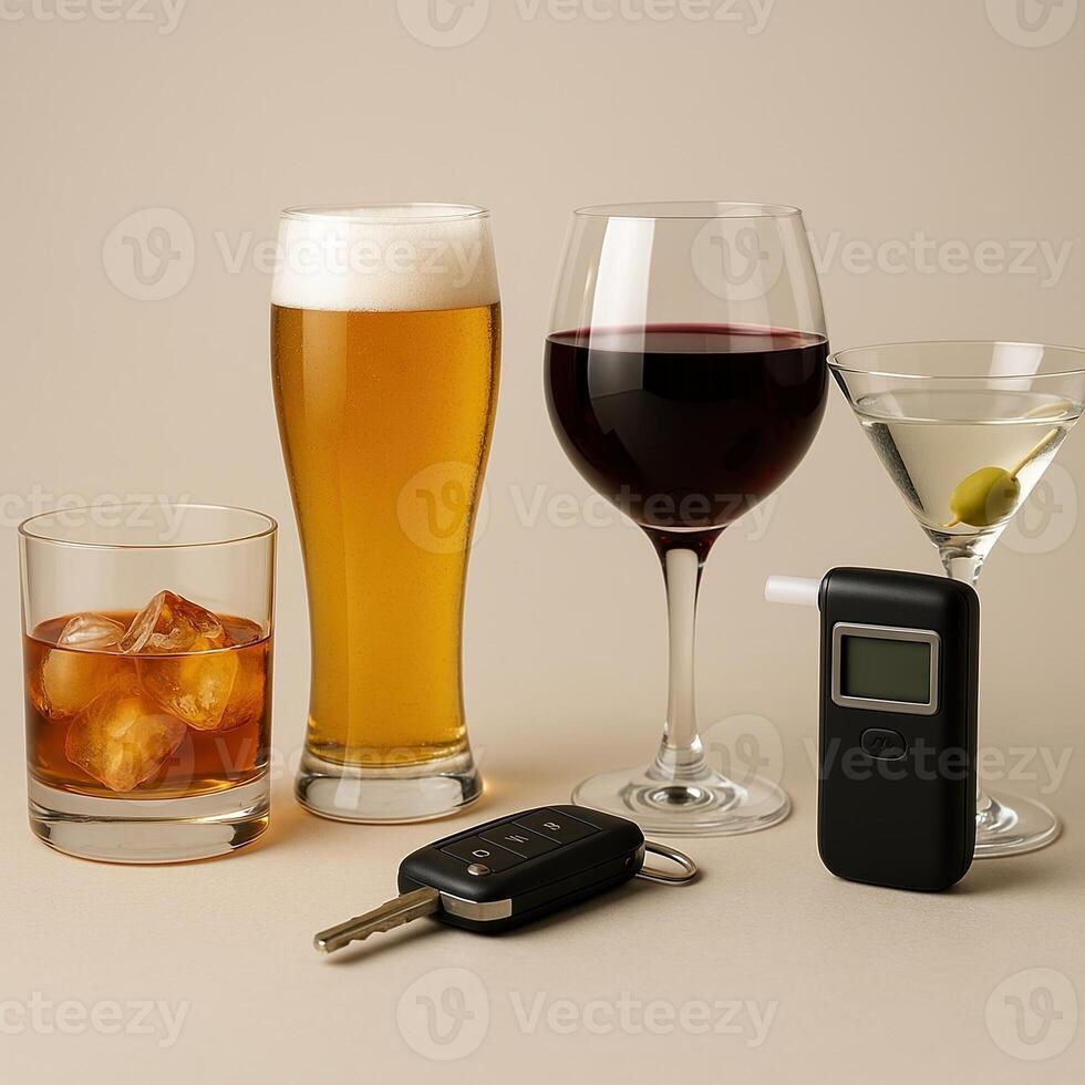 Alcoholic Beverage Arrangement with Breathalyzer and Car Keys Highlighting Drunk Driving Risks and Health Awareness photo