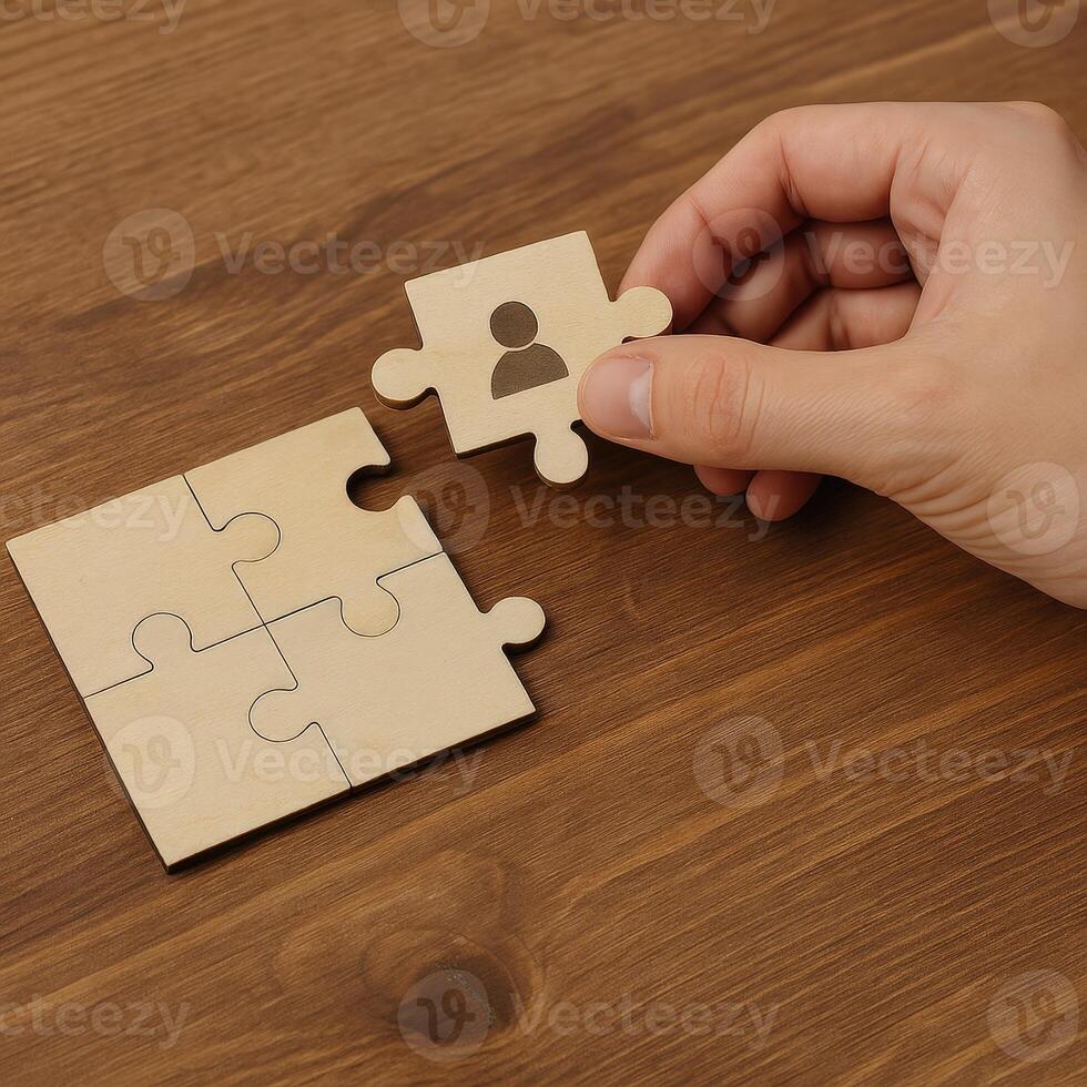 Selecting Person and Building Team Concept with Jigsaw Puzzle Piece on Wooden Table, Symbolizing Human Resource Management and Teamwork photo