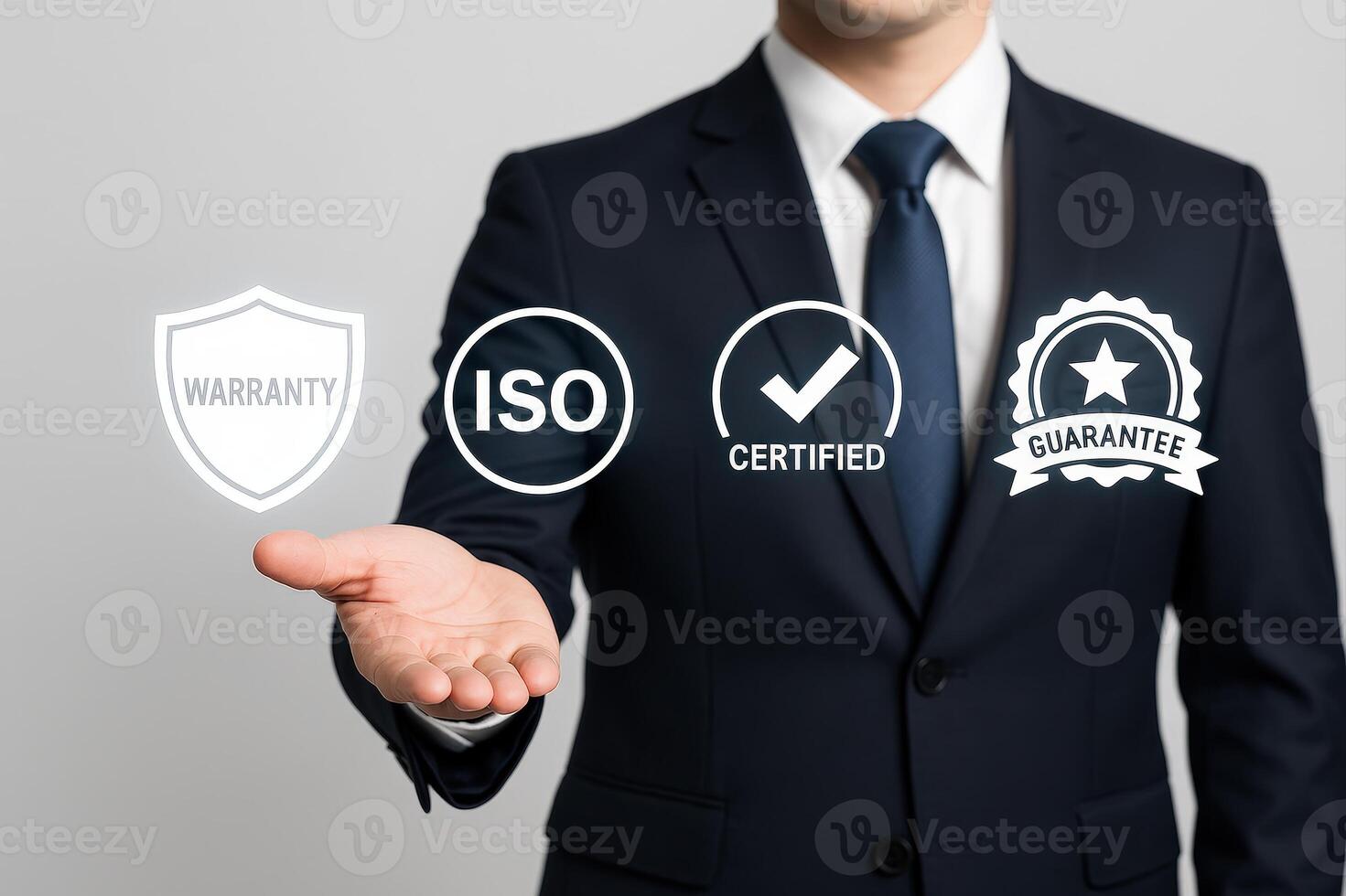 Business Professional Presenting Warranty, ISO Certification, and Quality Guarantee Concepts photo