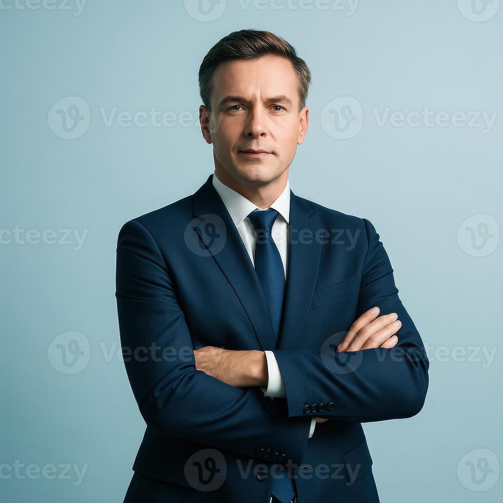 Confident Business Manager with Crossed Arms on Pale Blue Background Backlit photo