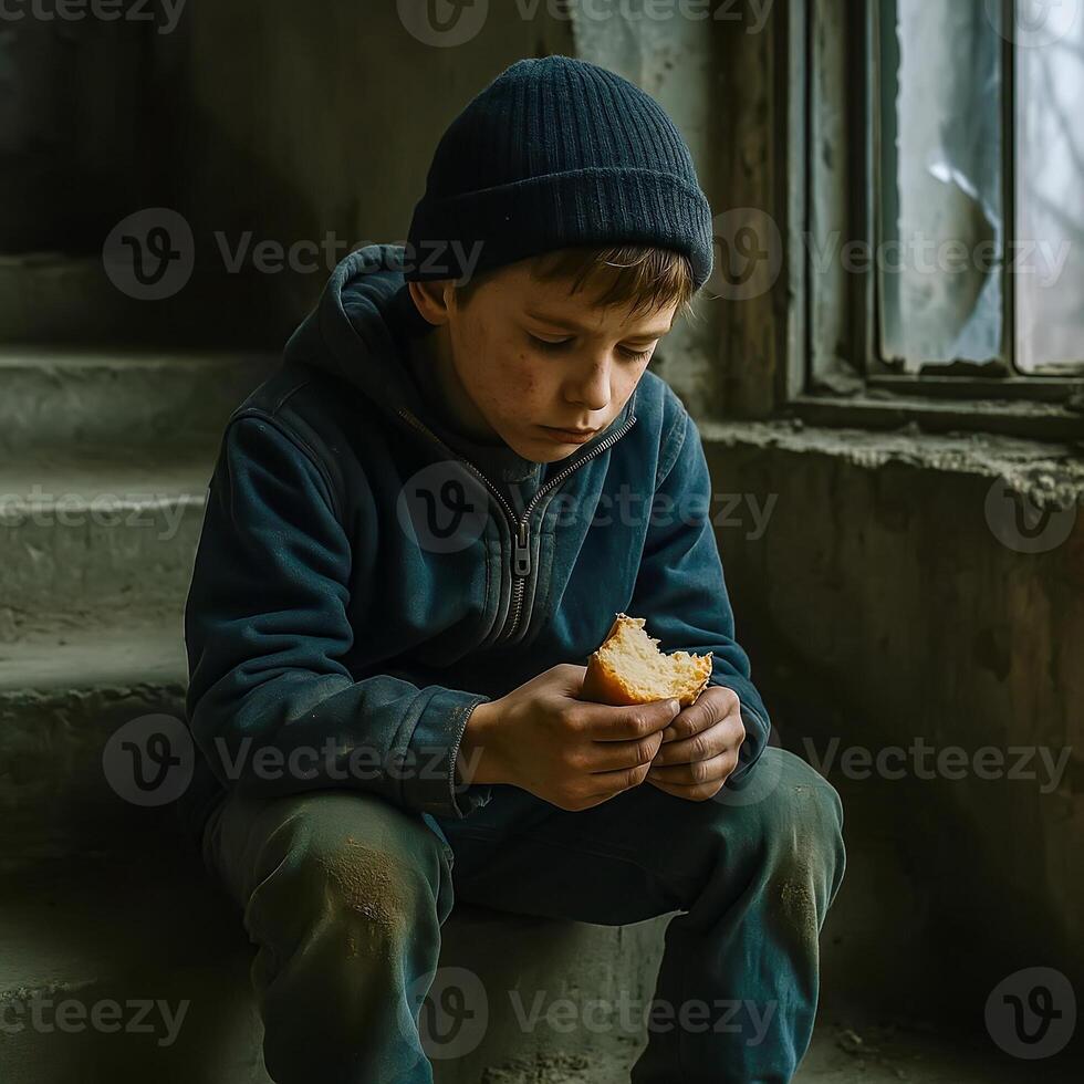 Homeless Boy Sits on Stairs in Abandoned Building Holding Bread Depicts Struggles of Refugee Children Highlighting Social Issues and Need for Support and Custody in Migration Crisis photo