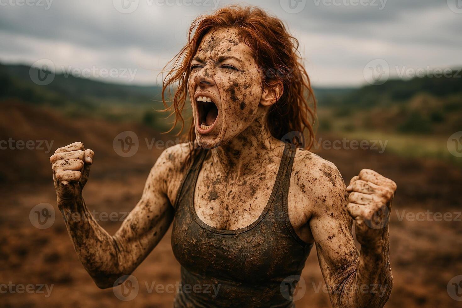 Mud-Covered Woman Expressing Emotion with Clenched Fists in Outdoor Setting Reflecting Intensity and Passion in Nature photo