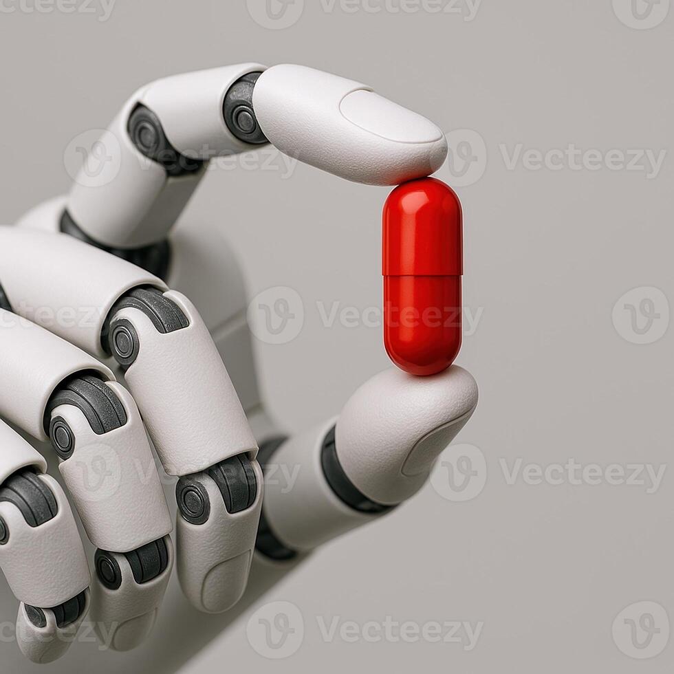 Robot Hand Holding Red Capsule Representing Technological Advancements and Artificial Intelligence on Neutral Background photo