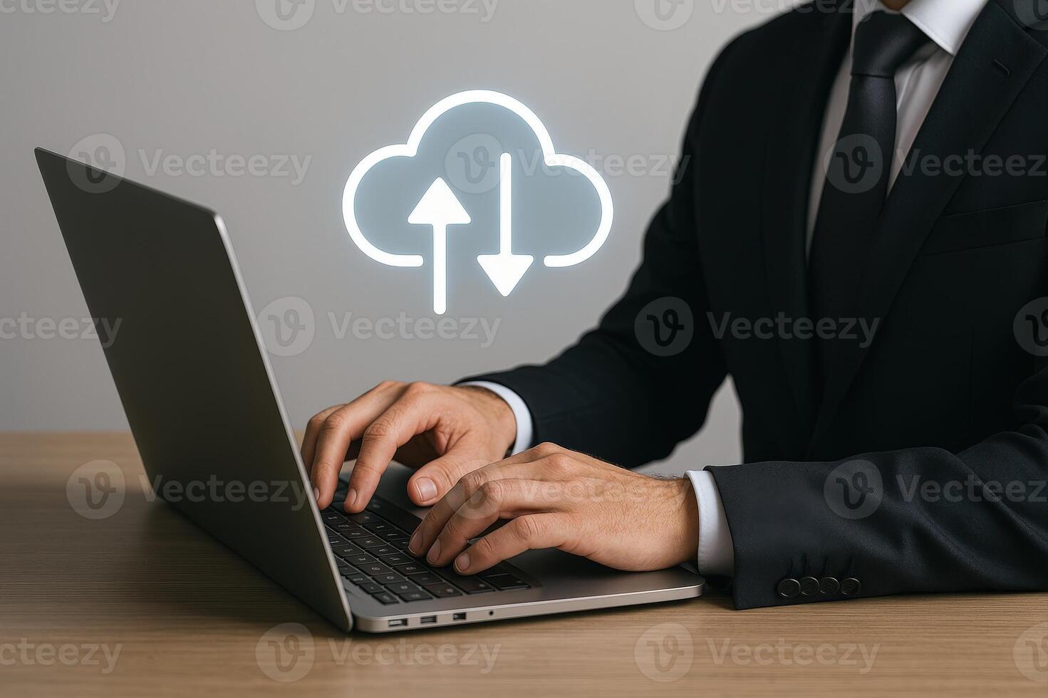 Business Person Using Laptop for Cloud Computing Technology with Upload and Download Concept photo