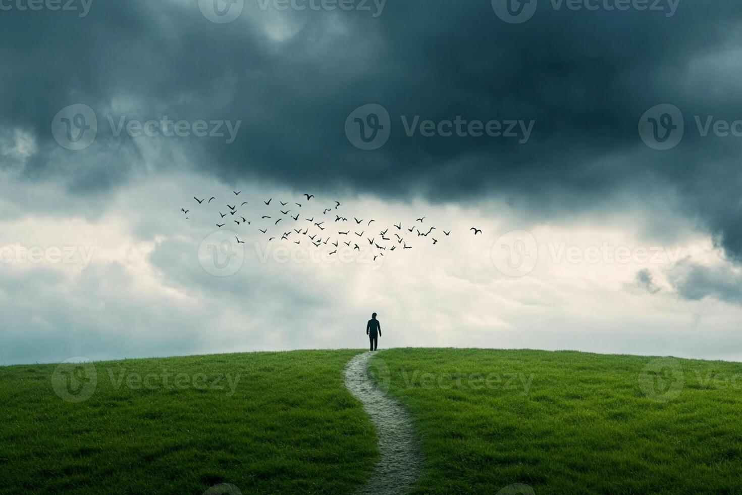 A man walks on a path in a field with birds flying above him photo