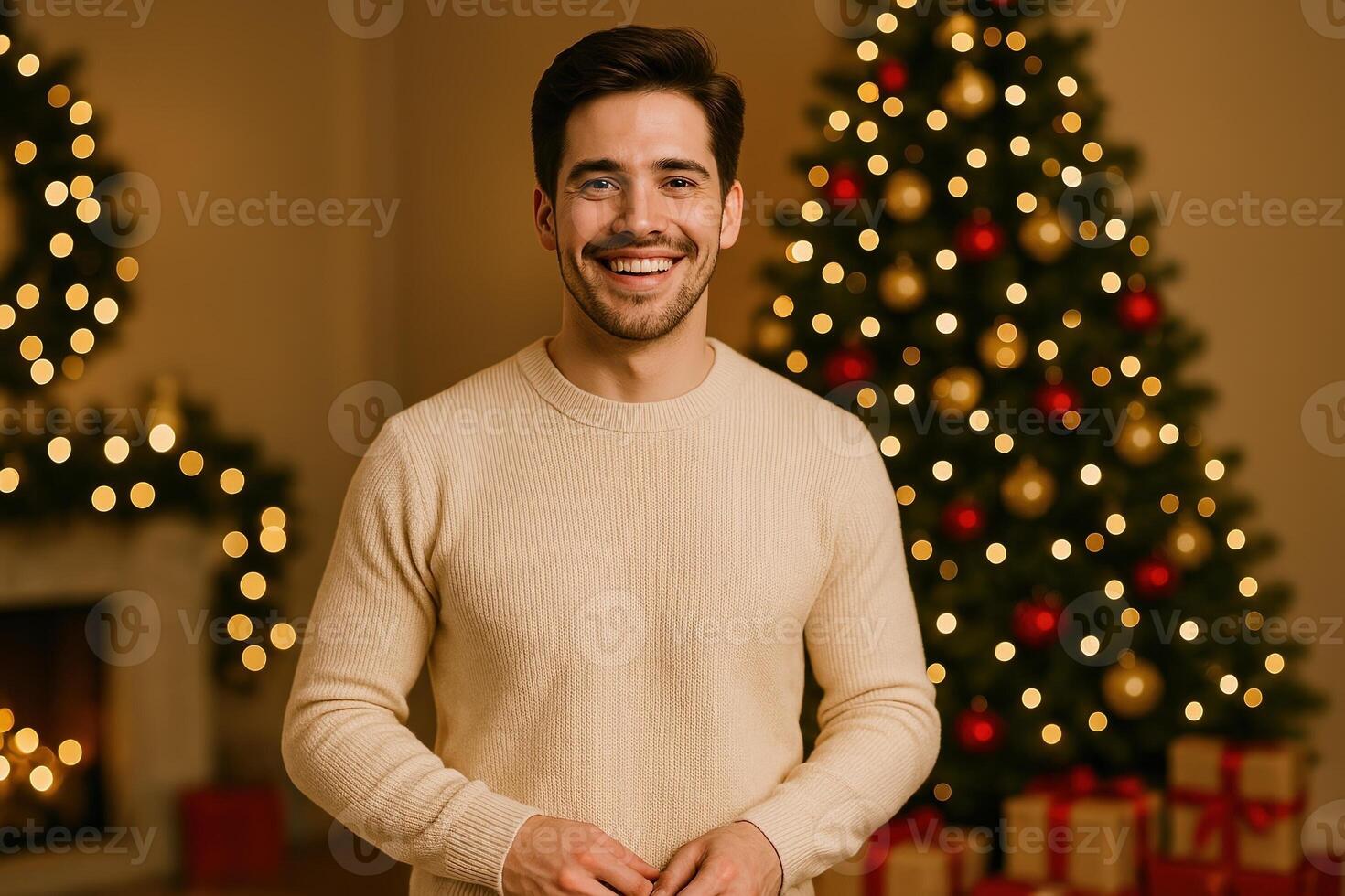 Happy Man Standing Confidently at Festive Christmas Party with Beautifully Decorated Tree and Gifts in Background Creating Warm and Joyful Atmosphere photo
