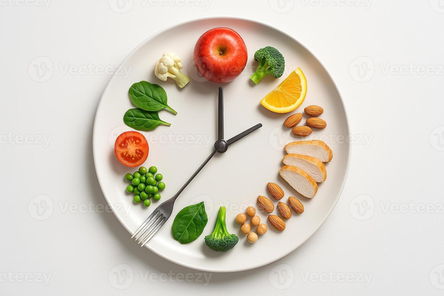 Chrono Fasting Health Concept with Healthy Foods Arranged Around Clock Illustrating Timed Eating Patterns for Optimal Health Highlighting Fresh Vegetables and Balanced Diet photo