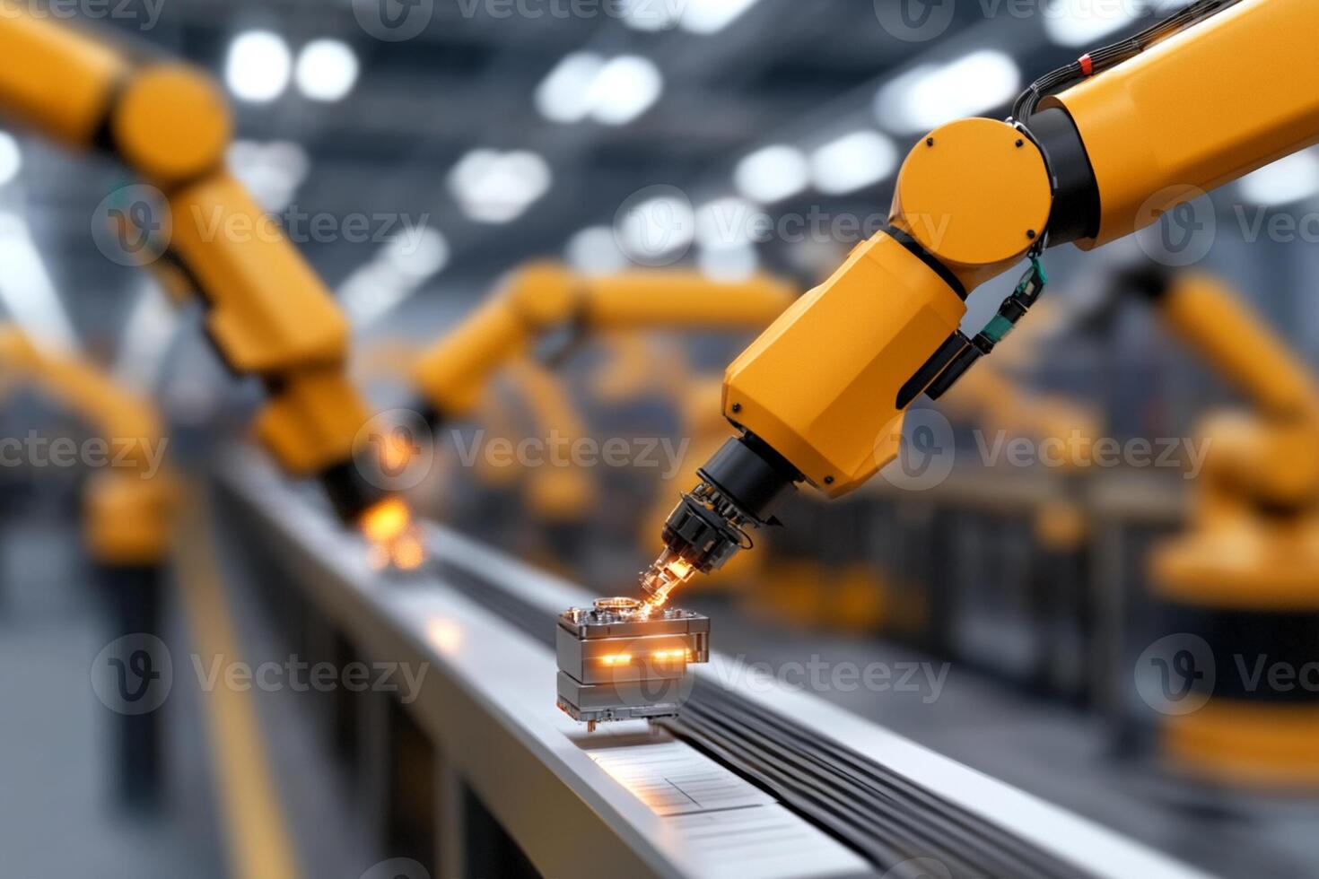 Robots working on a conveyor belt in an industrial factory photo
