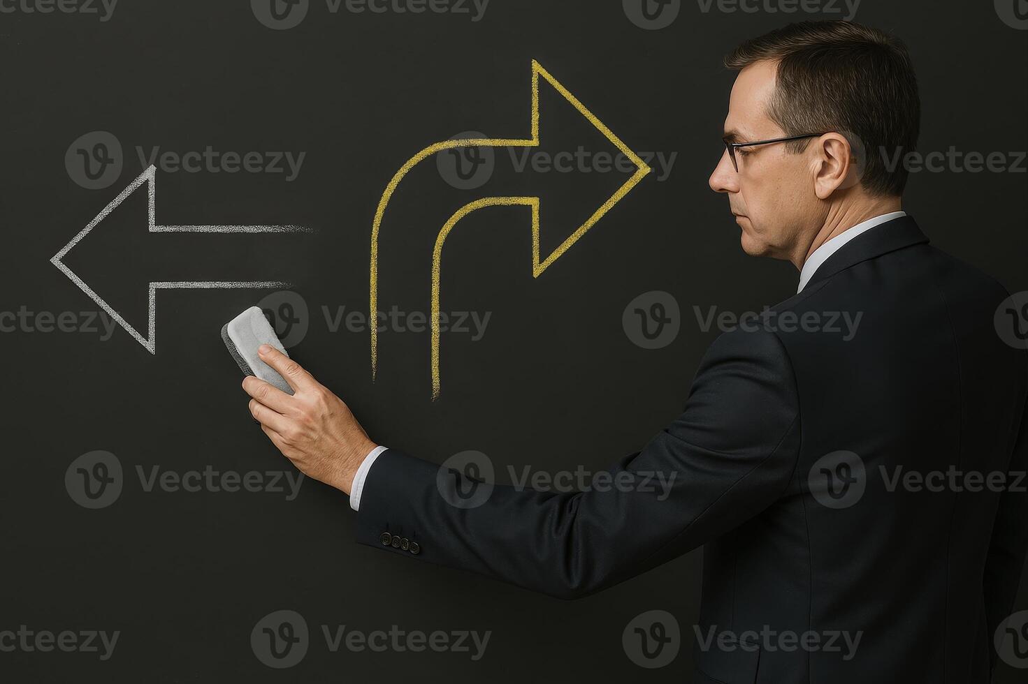 Business Management Concept Businessman Changing Direction, Erasing White Arrow, Drawing Yellow Arrow on Chalkboard, Symbolizing Change and Strategy in Leadership and Decision Making photo