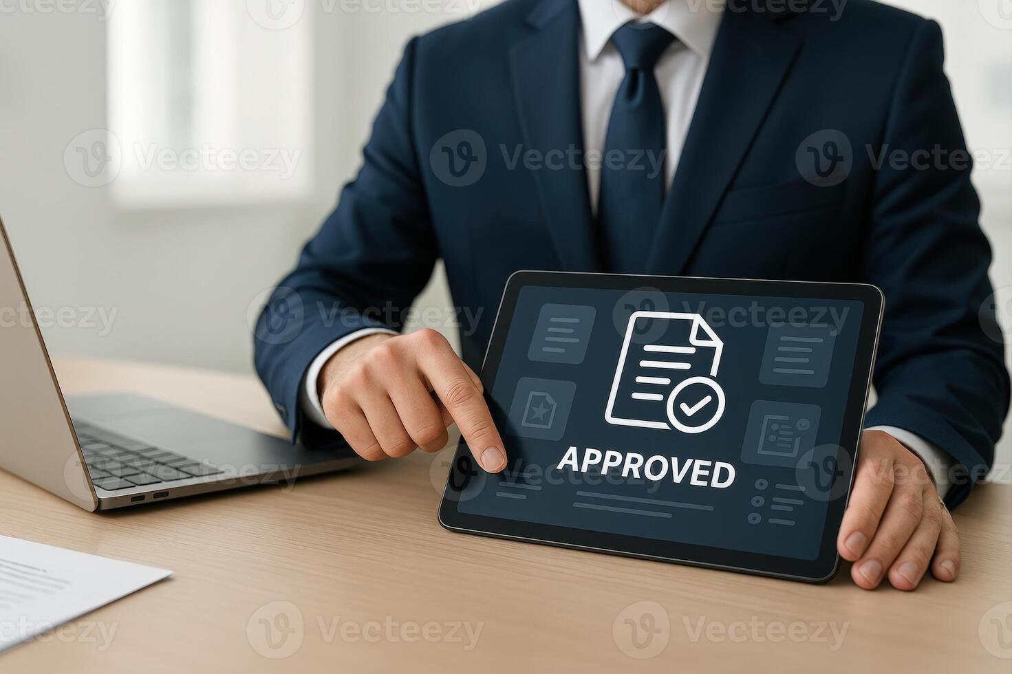 Businessman Interacting With Approved Document Icon on Digital Tablet for Project Proposal Approval and Quality Assurance photo