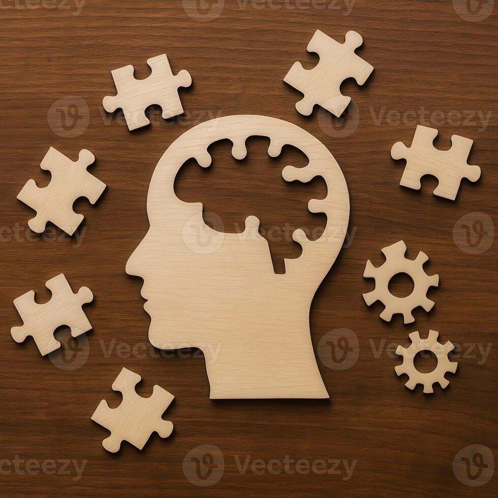 Concept Image of Mental Exhaustion and Brain Fatigue With Head Silhouette and Puzzle Pieces on Wood Background Highlighting Concentration Problems photo