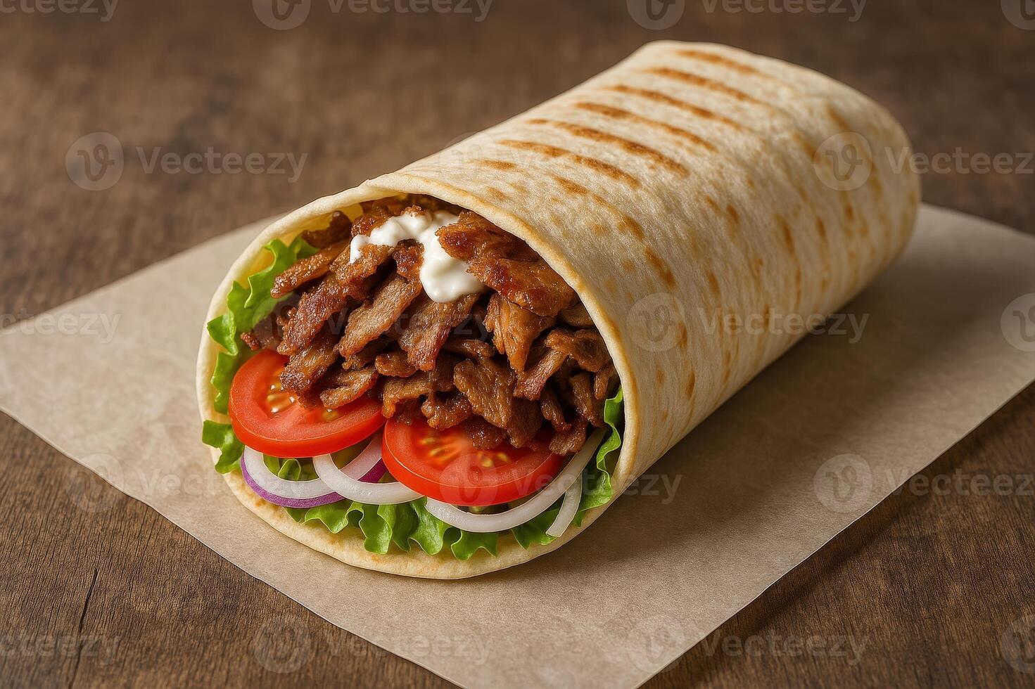 Delicious Grilled Kebab Wrap with Fresh Vegetables and Sauce on Rustic Wooden Table photo
