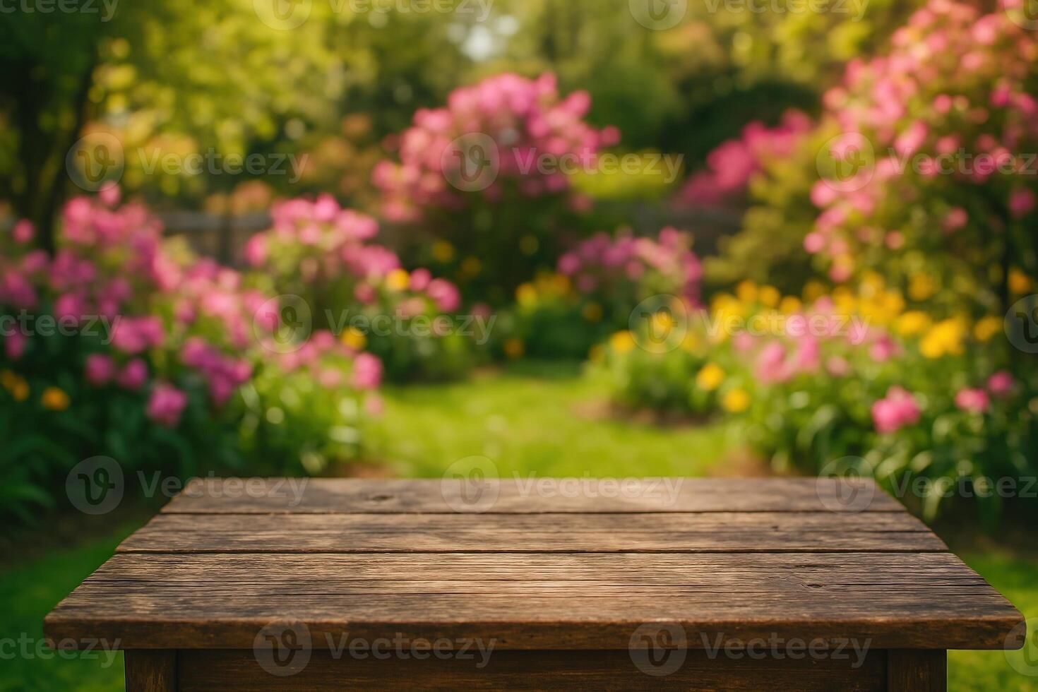 Vibrant Spring Garden View With Rustic Wooden Table and Blurred Blooming Flowers in Backyard photo