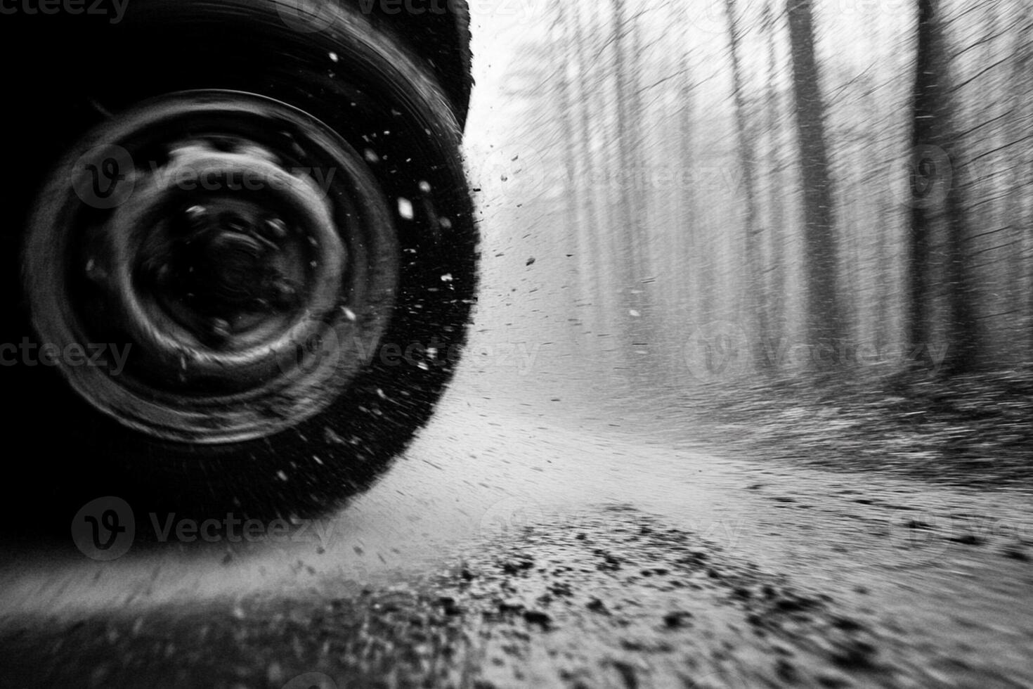 Black and white photo of a car tire on a road