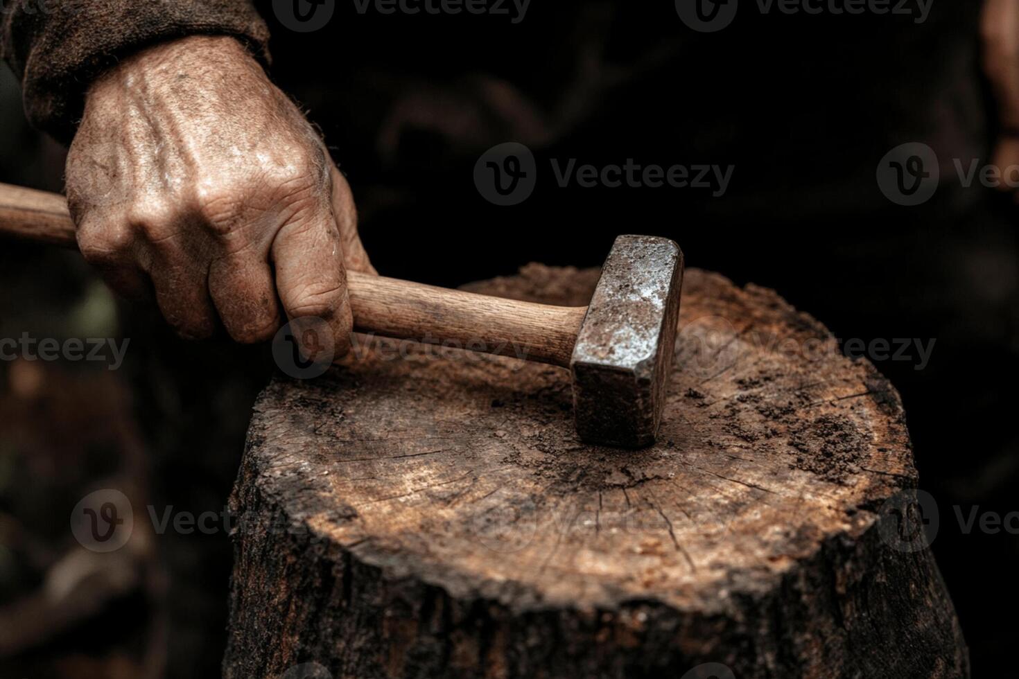 A man is using an axe to cut wood photo