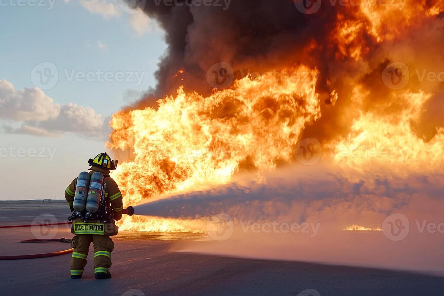 A firefighter is standing in front of a large fire photo