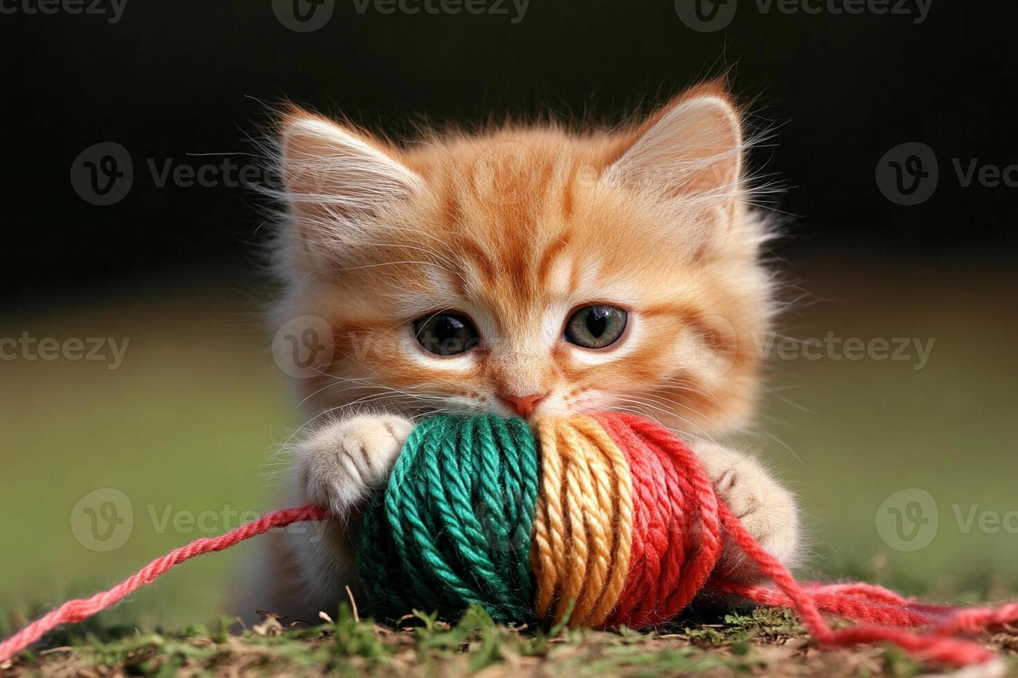 A kitten playing with a ball of yarn photo
