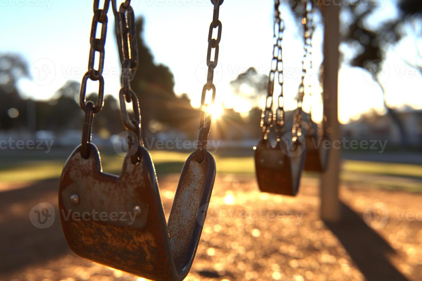 A swing hanging from a chain with a sun setting behind it photo
