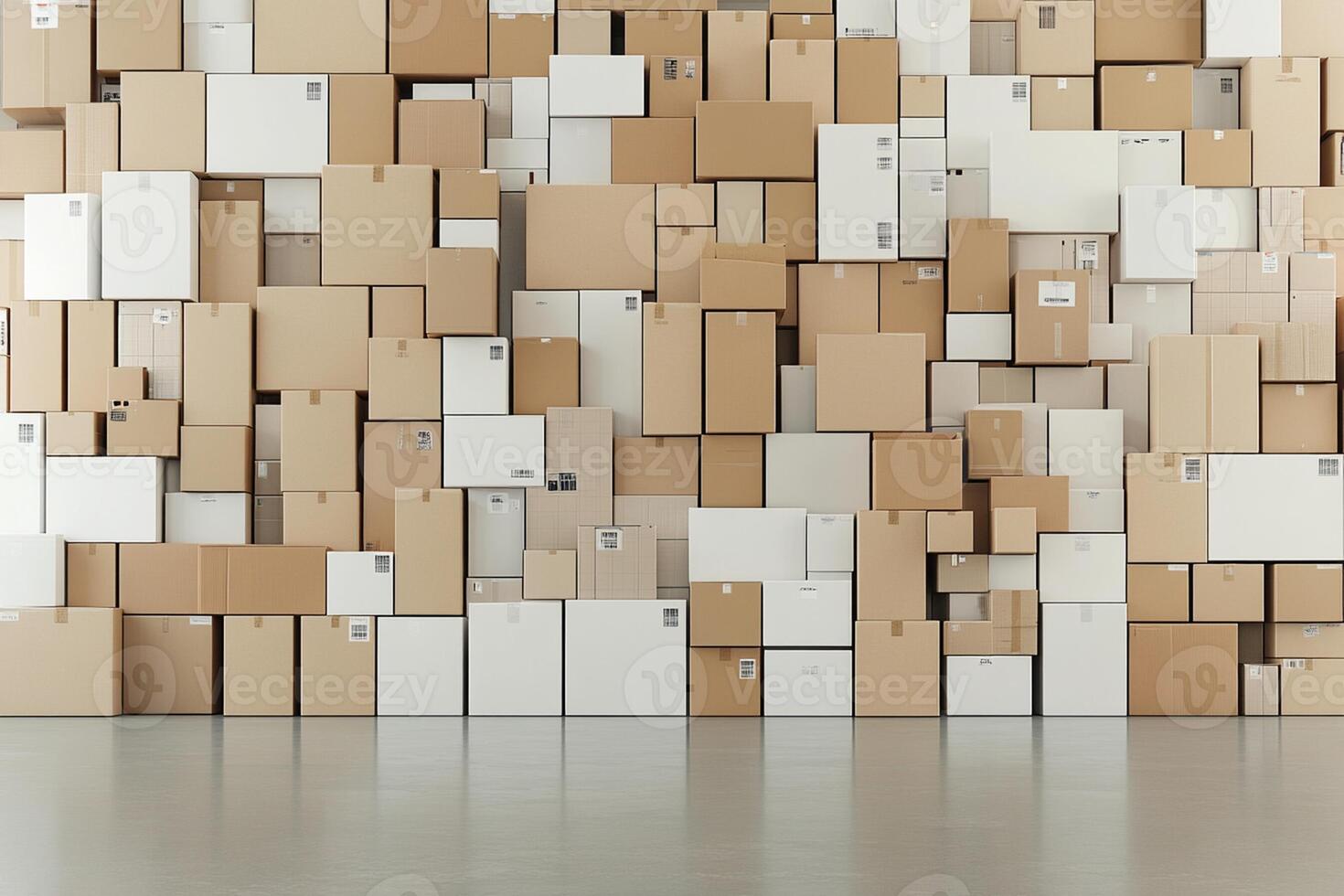 A large wall of boxes in an empty room photo