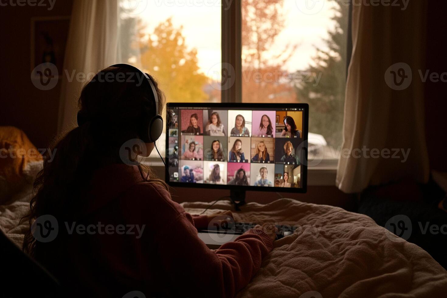 A woman sitting in bed with headphones on and a computer screen with a group of people on it photo