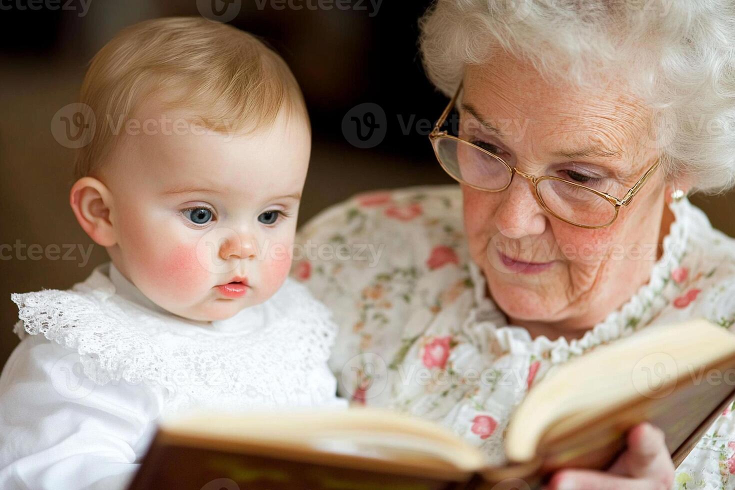 An older woman is reading a book to a baby photo