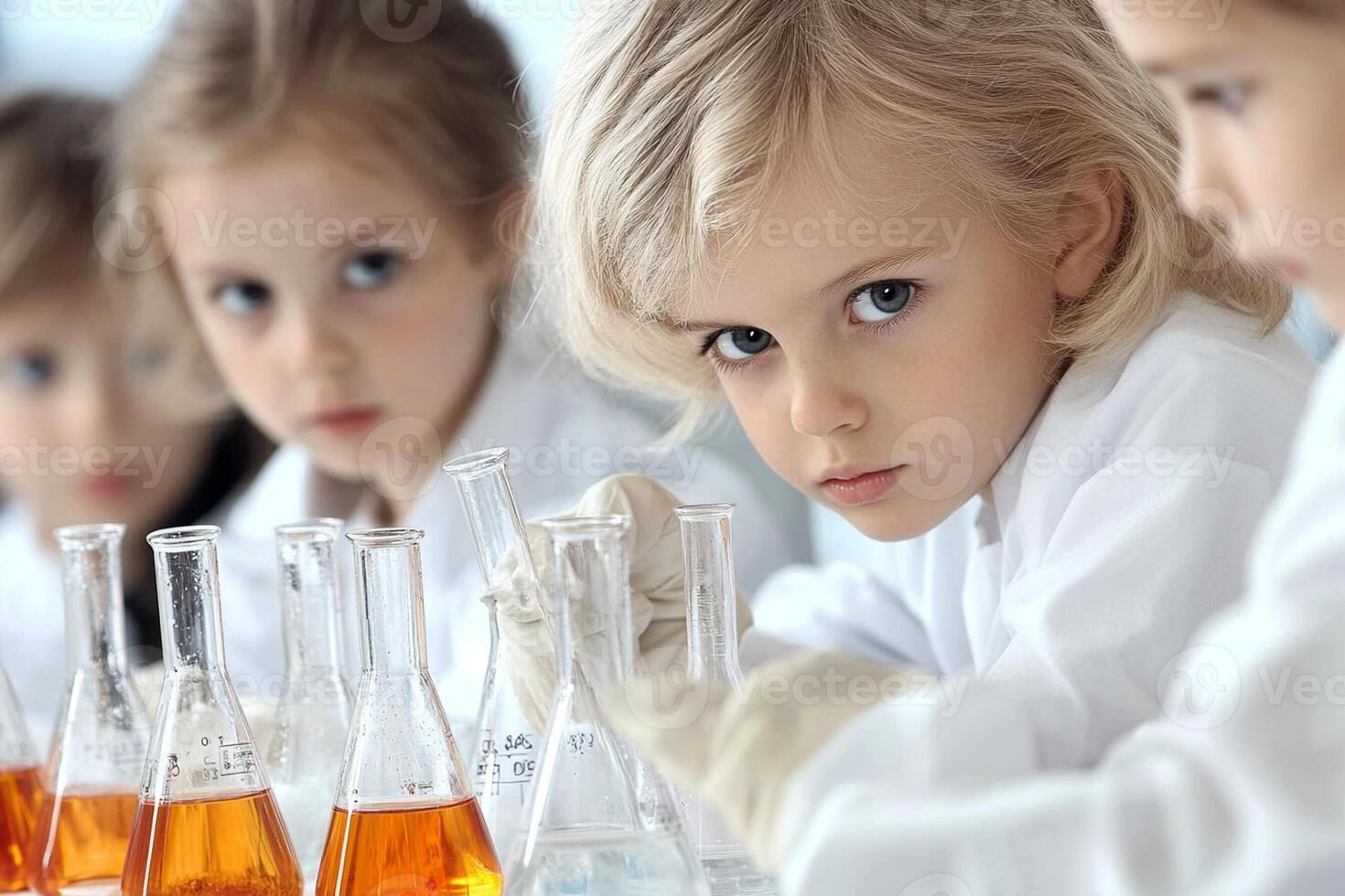 Children in lab coats working with test tubes photo