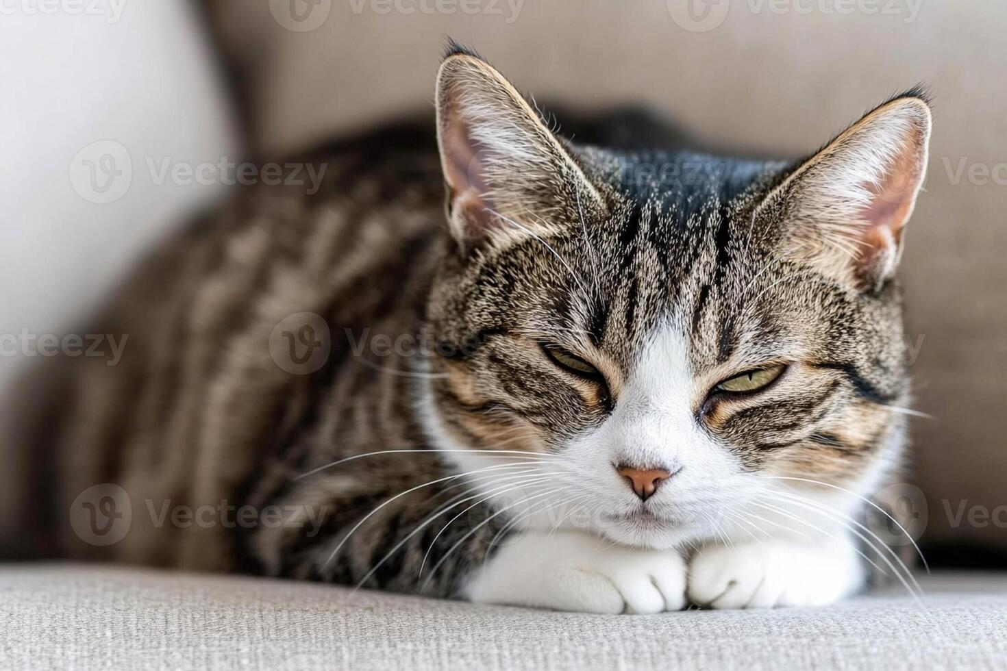 A cat is resting on a couch photo