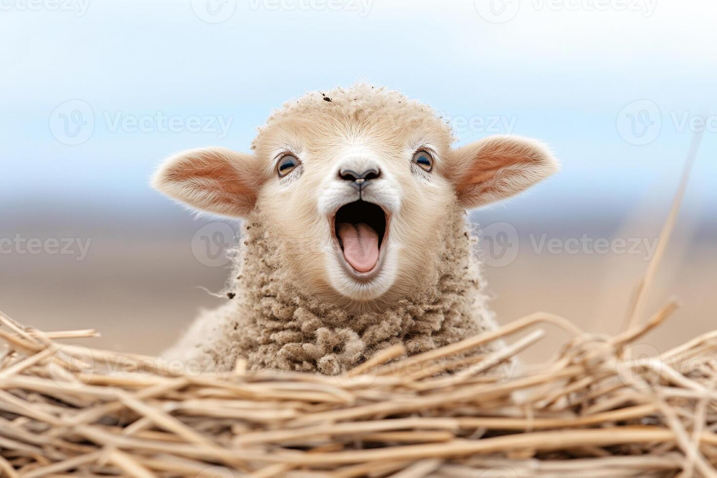 A baby sheep with its mouth open in a hay pile photo