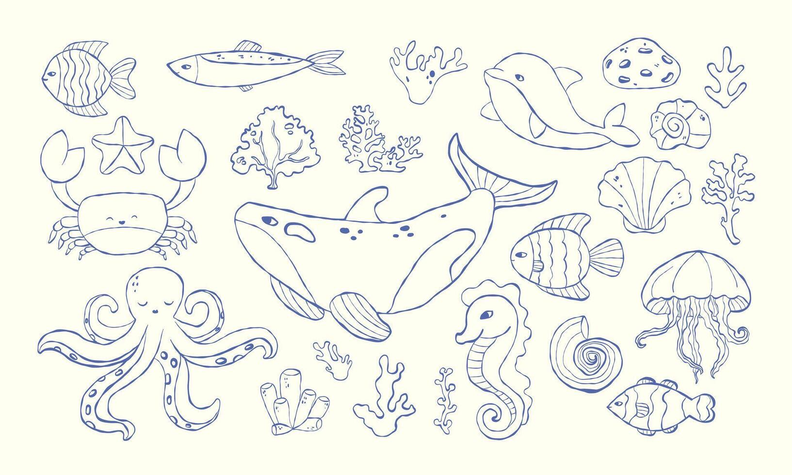 Set of hand-drawn doodles of marine animals and plants vector